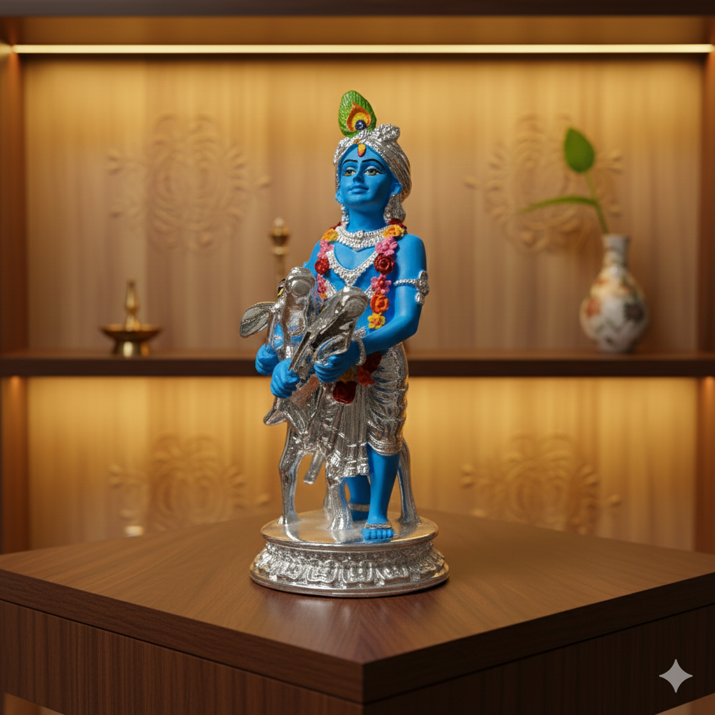 Silver Plated Krishna and Cow Idol with Elegant Matt Finish