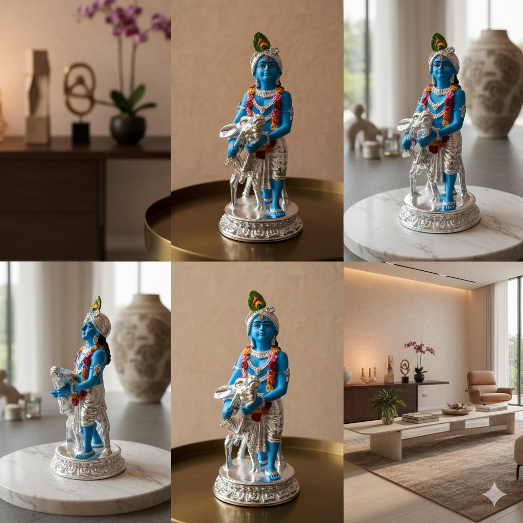 Silver Plated Krishna and Cow Idol with Elegant Matt Finish