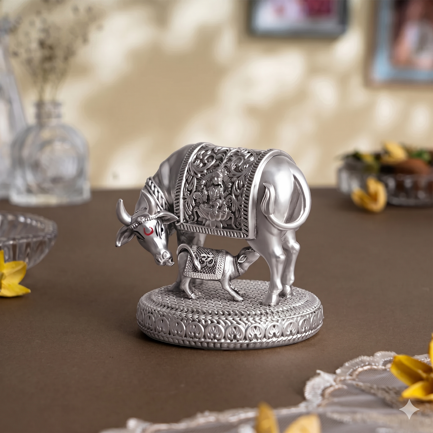 Silver plated Kamdhenu Cow with Calf Idol