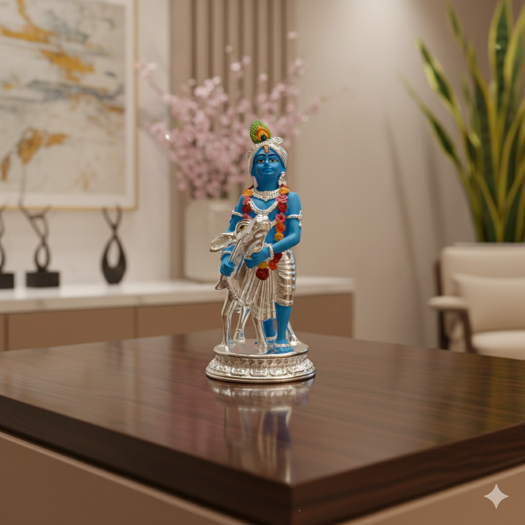 Silver Plated Krishna and Cow Idol with Elegant Matt Finish