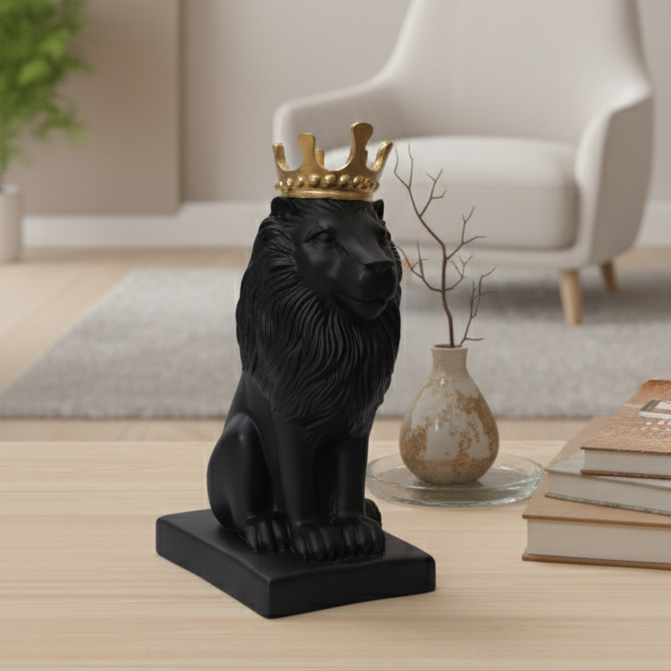 Polyresin Lion King Statue With Crown - Black