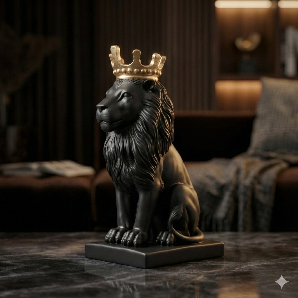 Polyresin Lion King Statue With Crown - Black