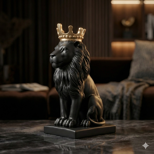 Polyresin Lion King Statue With Crown - Black