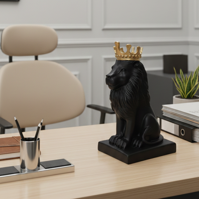 Polyresin Lion King Statue With Crown - Black