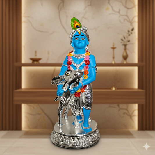 Silver Plated Krishna and Cow Idol with Elegant Matt Finish