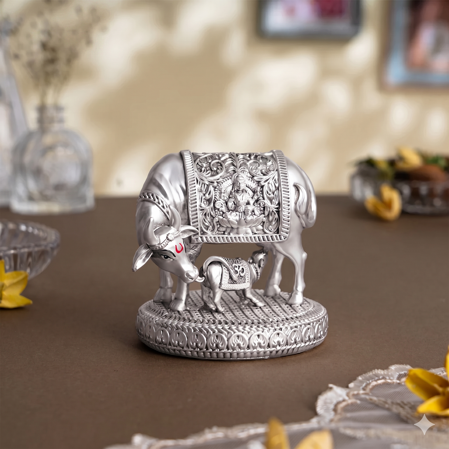 Silver plated Kamdhenu Cow with Calf Idol