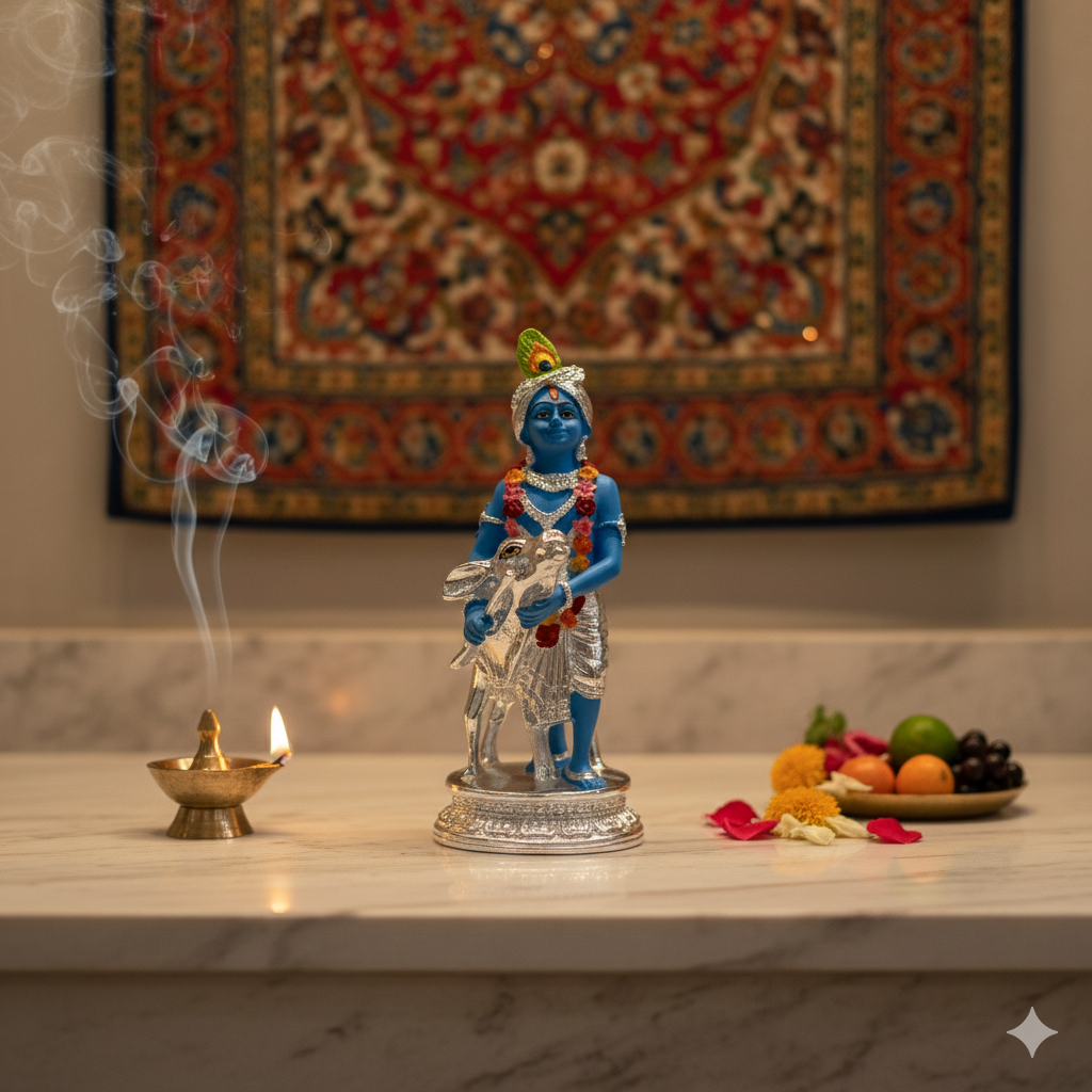 Silver Plated Krishna and Cow Idol with Elegant Matt Finish