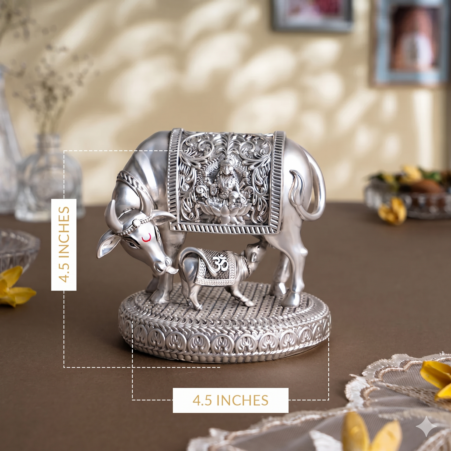 Silver plated Kamdhenu Cow with Calf Idol