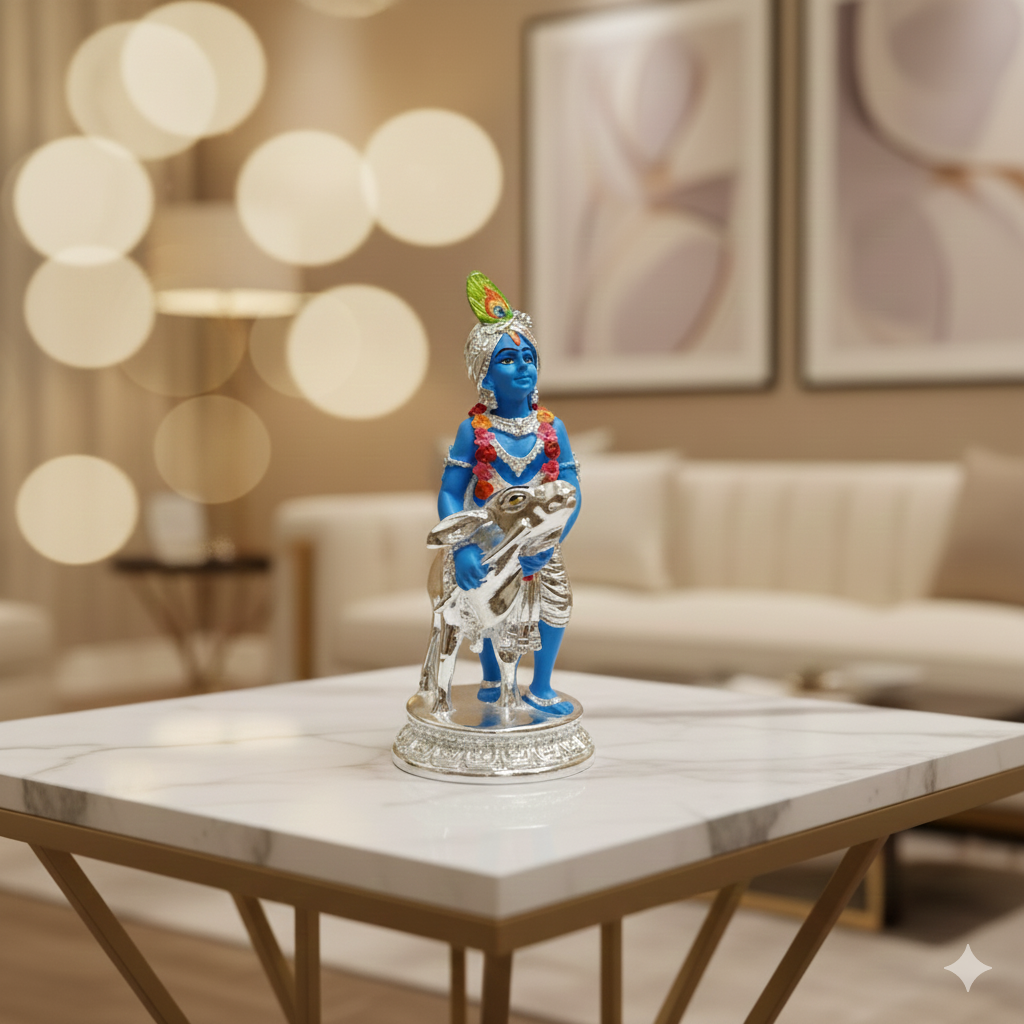 Silver Plated Krishna and Cow Idol with Elegant Matt Finish