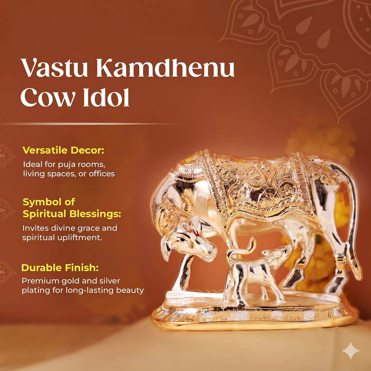 Gold and Silver Plated Vastu Kamdhenu Cow with Calf Idol