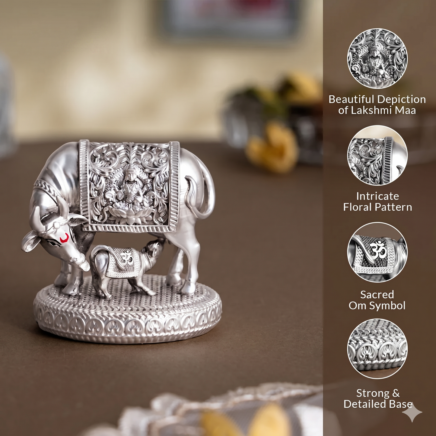 Silver plated Kamdhenu Cow with Calf Idol
