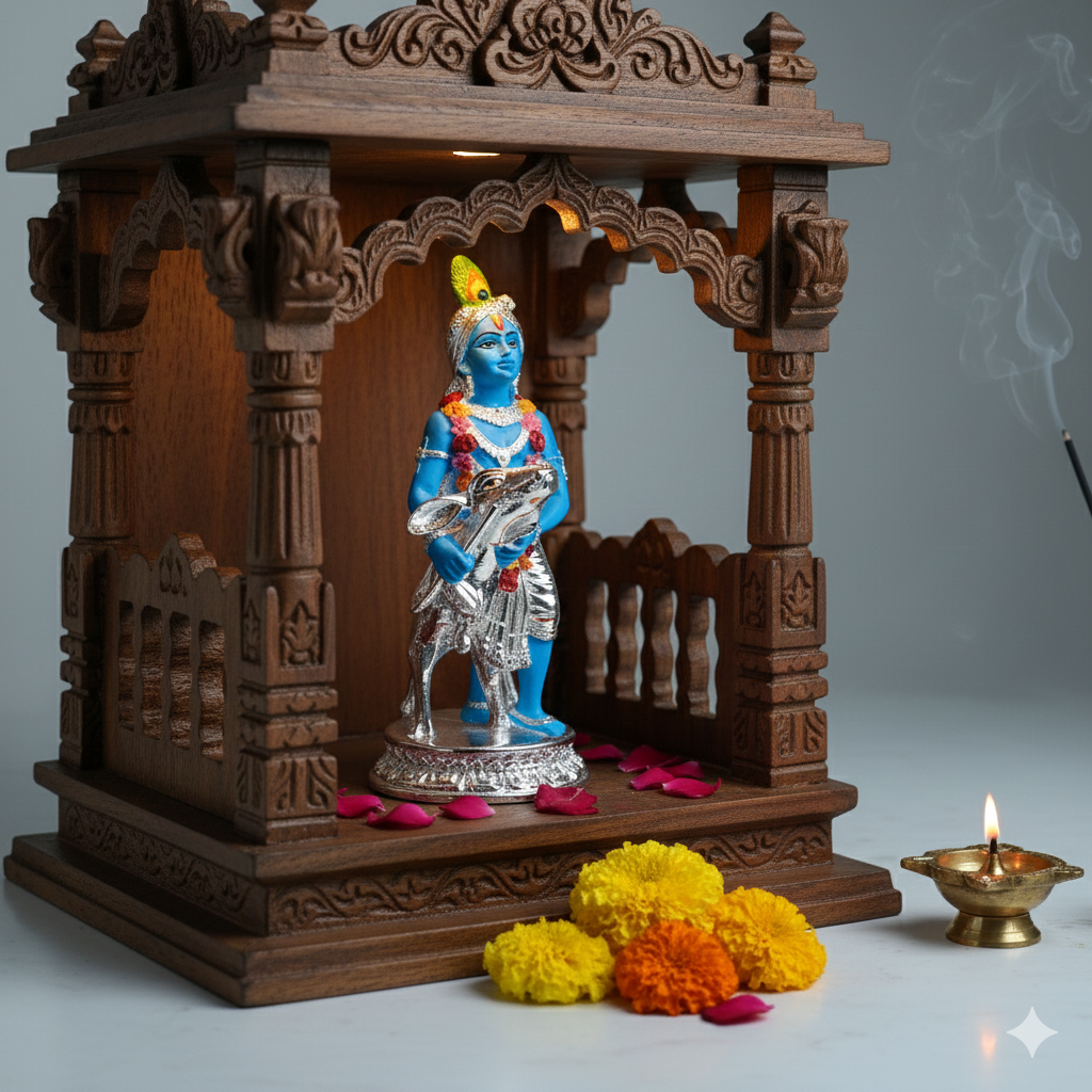 Silver Plated Krishna and Cow Idol with Elegant Matt Finish