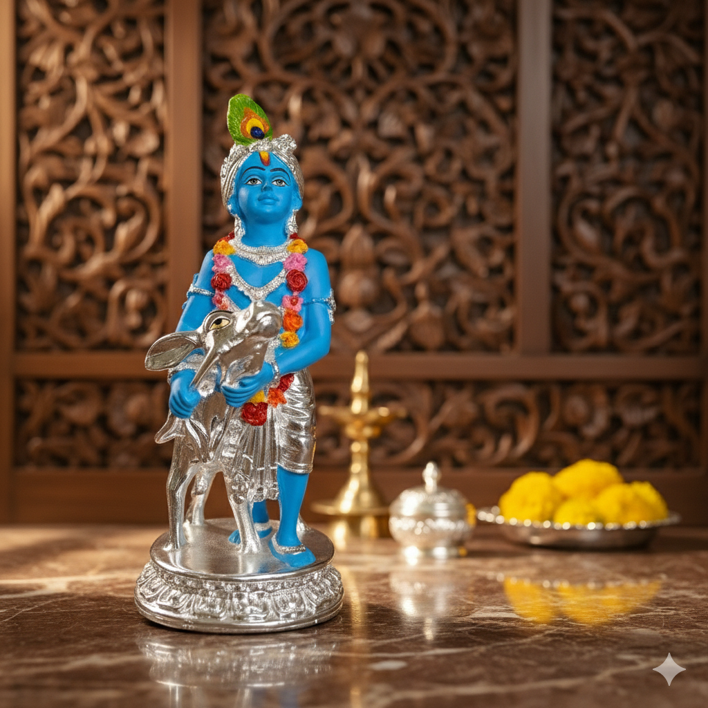 Silver Plated Krishna and Cow Idol with Elegant Matt Finish