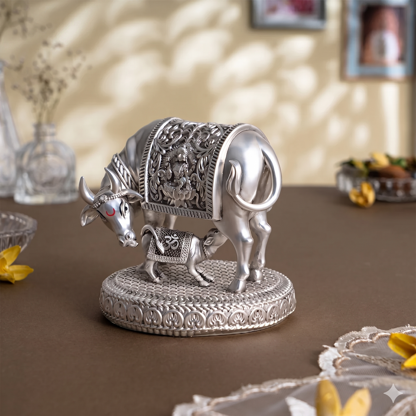 Silver plated Kamdhenu Cow with Calf Idol