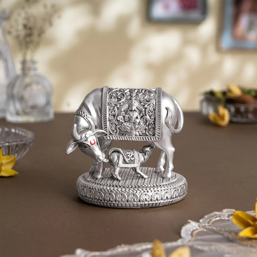 Silver plated Kamdhenu Cow with Calf Idol