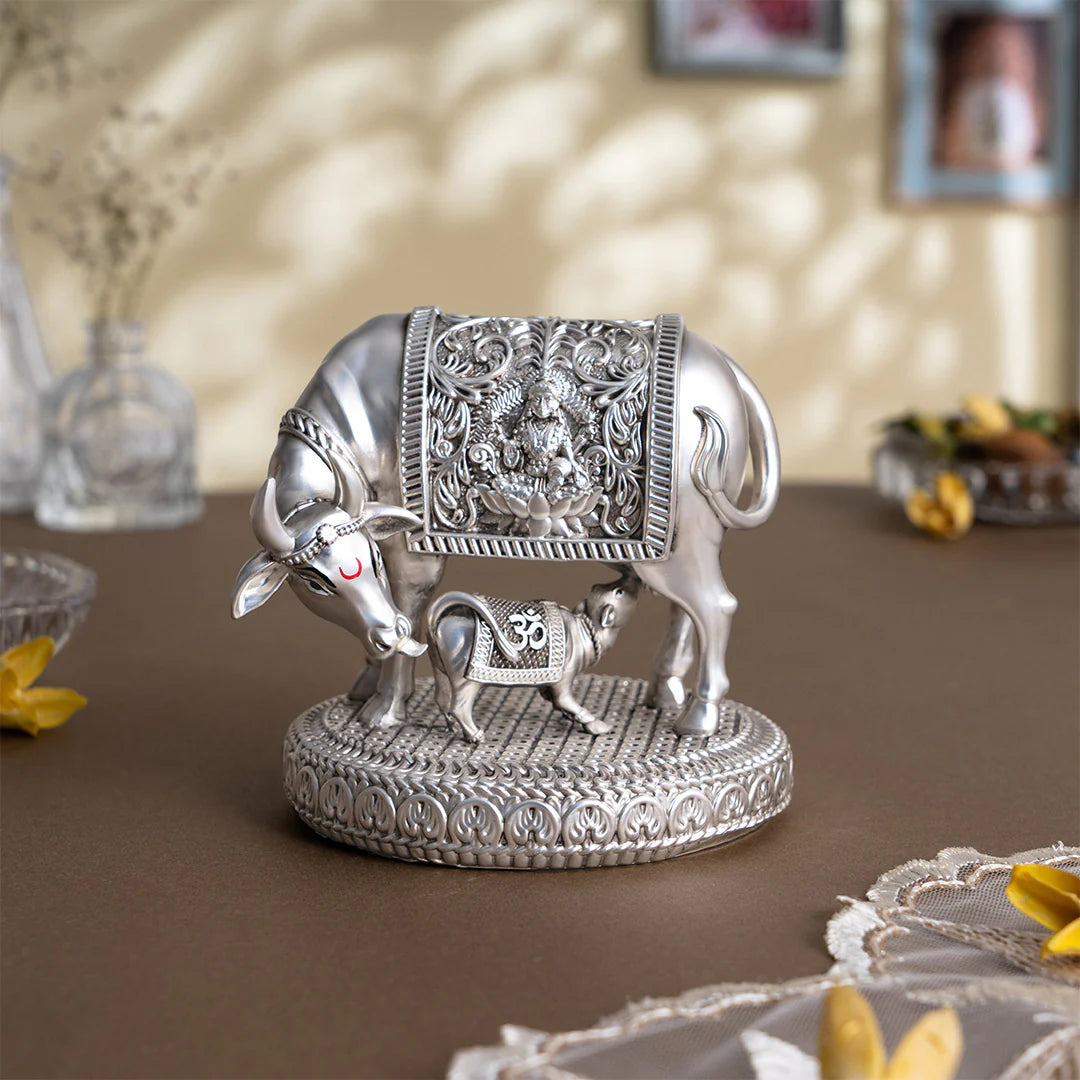 Silver plated Kamdhenu Cow with Calf Idol