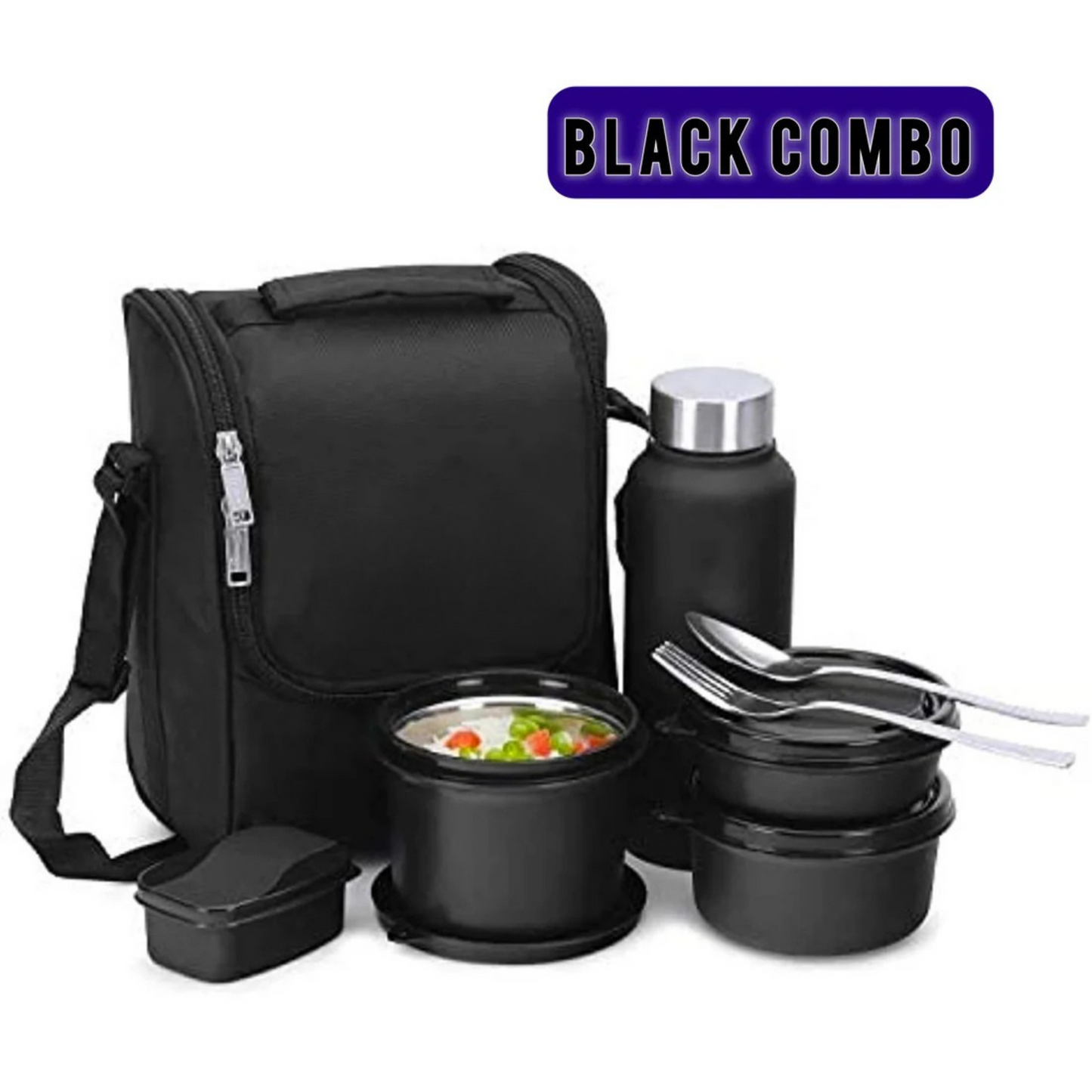 Black Stainless Steel Lunch Box With Water Bottle, Lunch Bag, Lunch Box & Cutlery for Corporate, Office & Travel