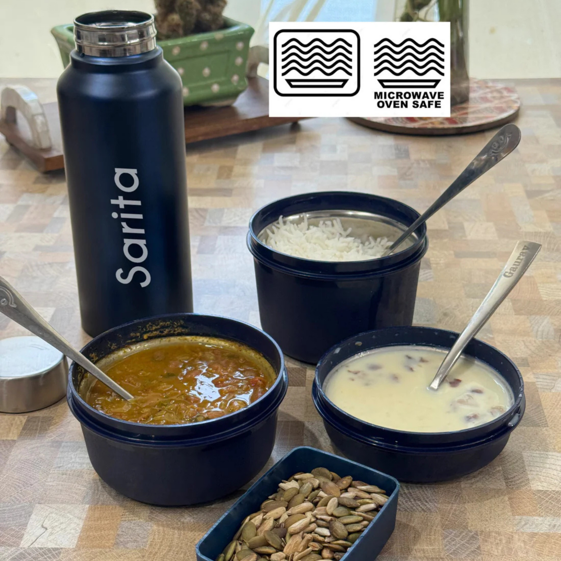 Blue Lunch Box Container Set with Water Bottle Best To Carry Office Lunch. Microwave Safe & Leakproof