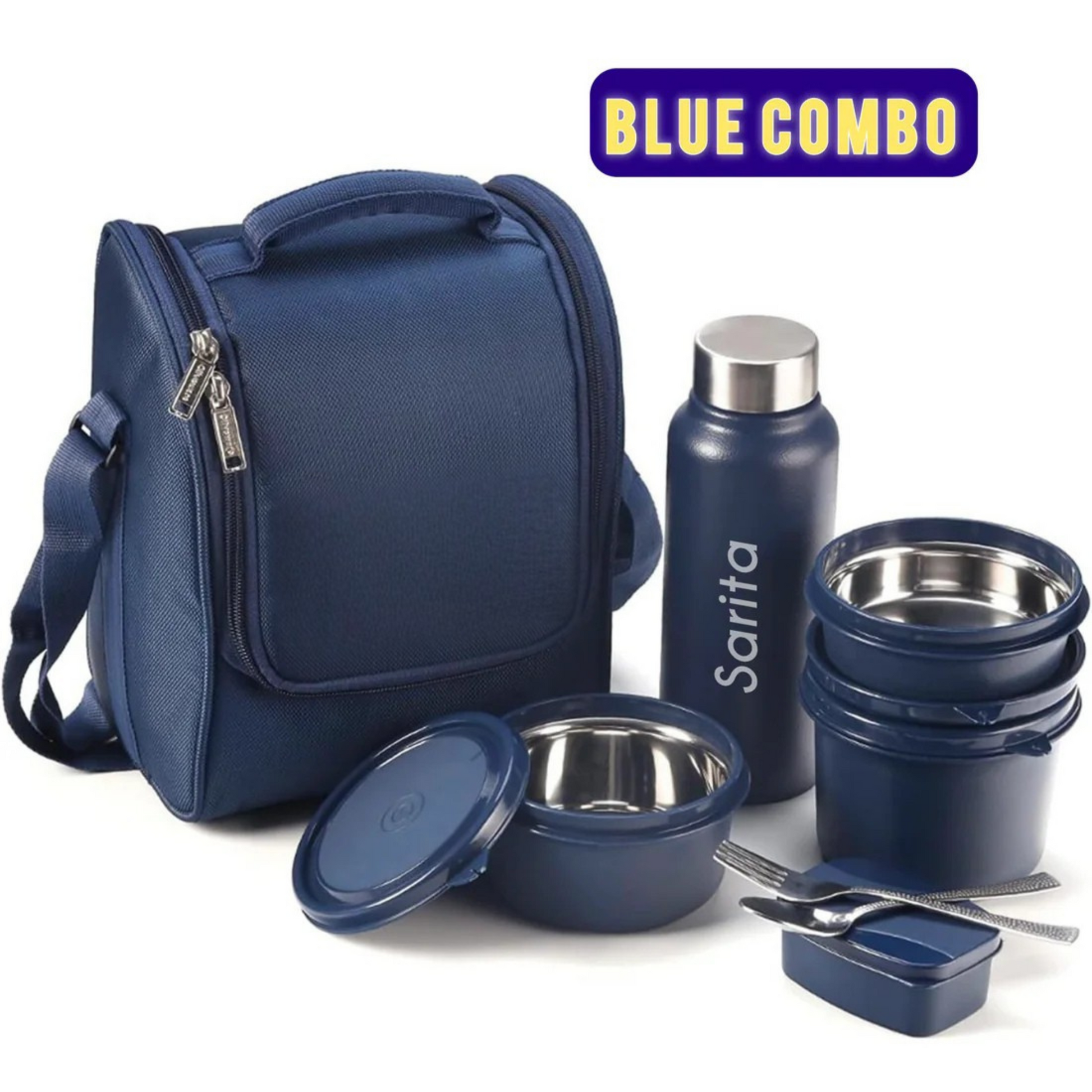Blue Stainless Steel Lunch Box Combo Set with Water Bottle, Cutlery, Lunch Bag & Food Containers.