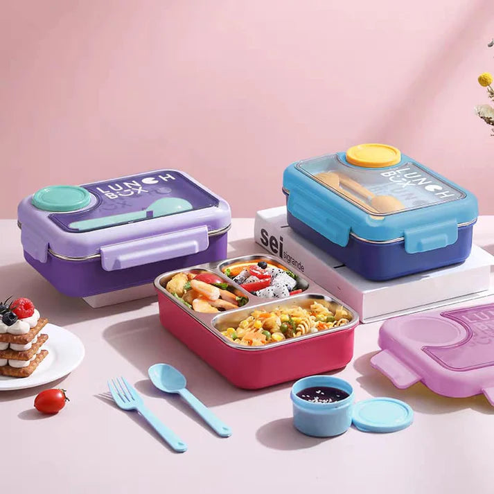 Healthy Meal (3 Grid) Stainless Steel Bento Lunch Box - Leakproof