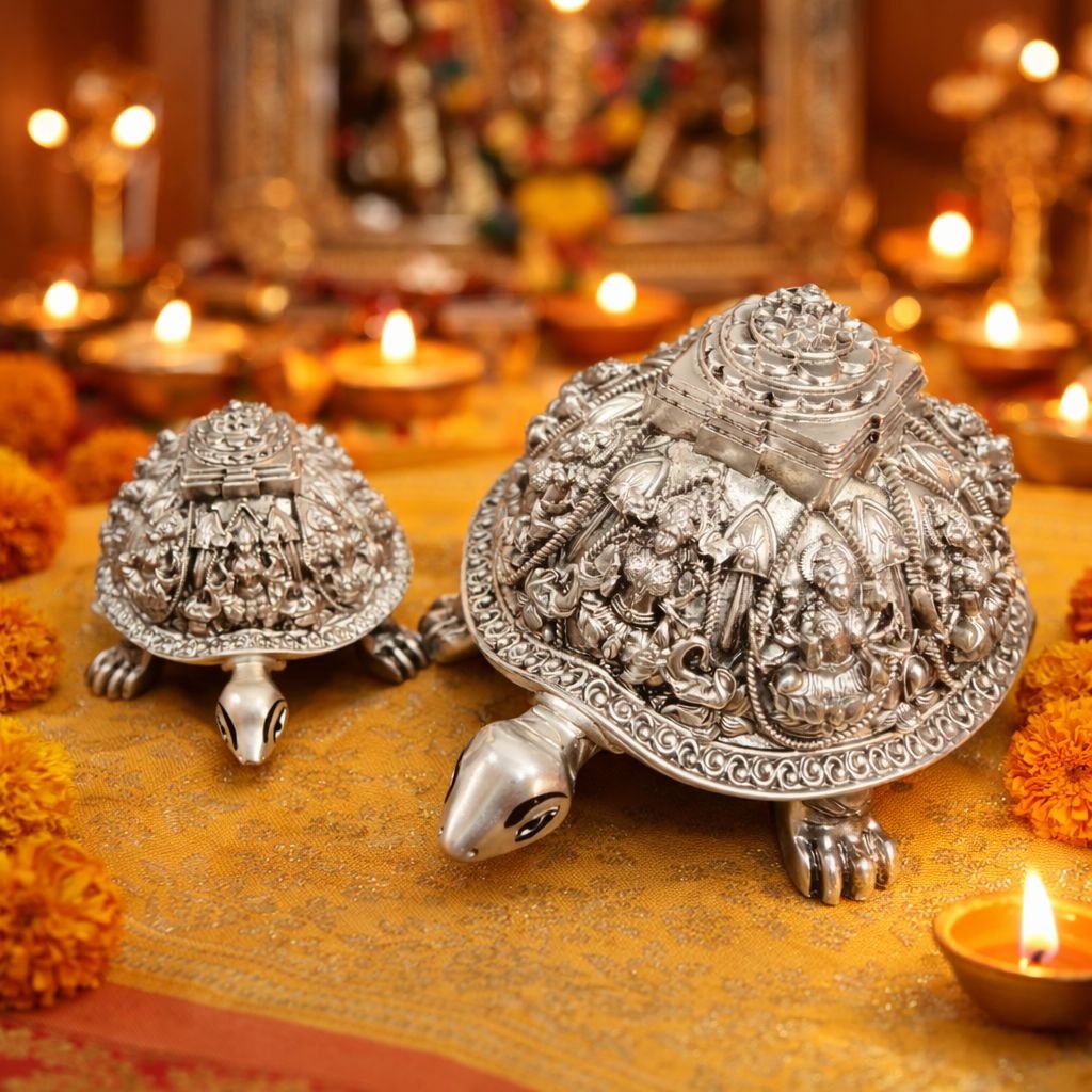 Silver Plated Ashtalakshmi Tortoise Idol with Shree Yantra | 999 Silver Plating