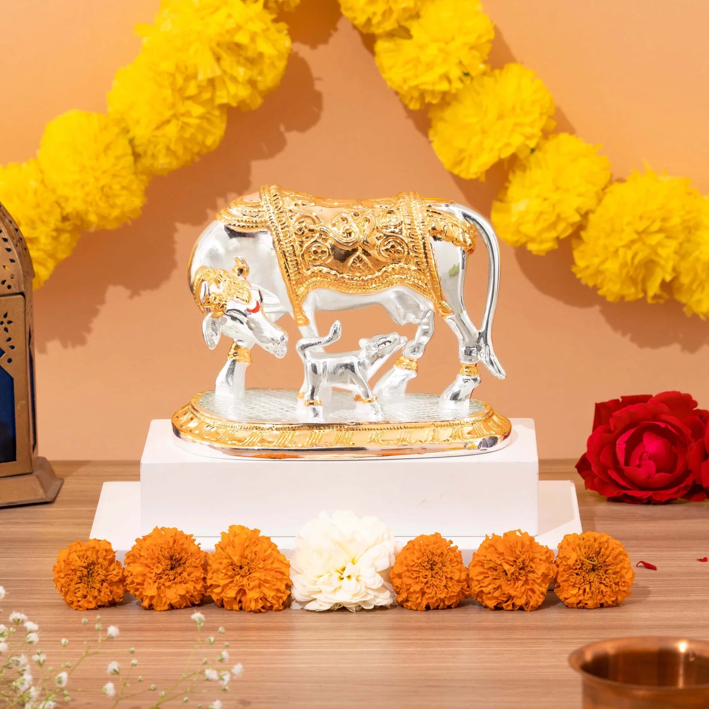 Gold and Silver Plated Vastu Kamdhenu Cow with Calf Idol